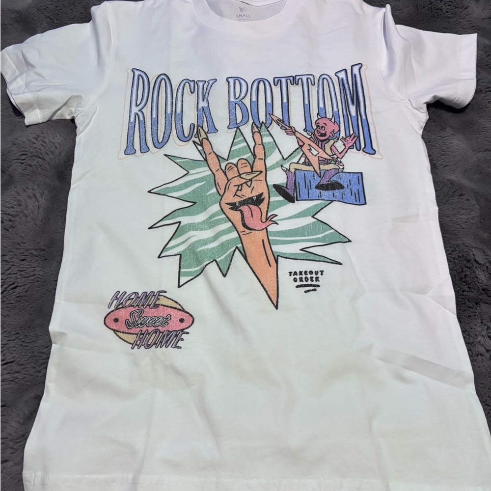 Takeout White Tee with Rock Bottom Graphic